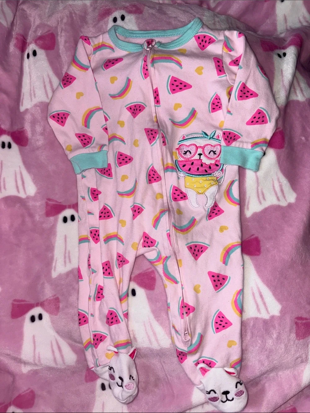 Pink Watermelon & Rainbow Footed One-Piece Pajama